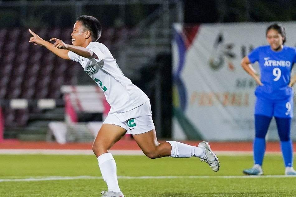 La Salle's Angelica Teves celebrates after scoring against Ateneo in the UAAP Season 85 Women’s Football Tournament. UAAP Media
