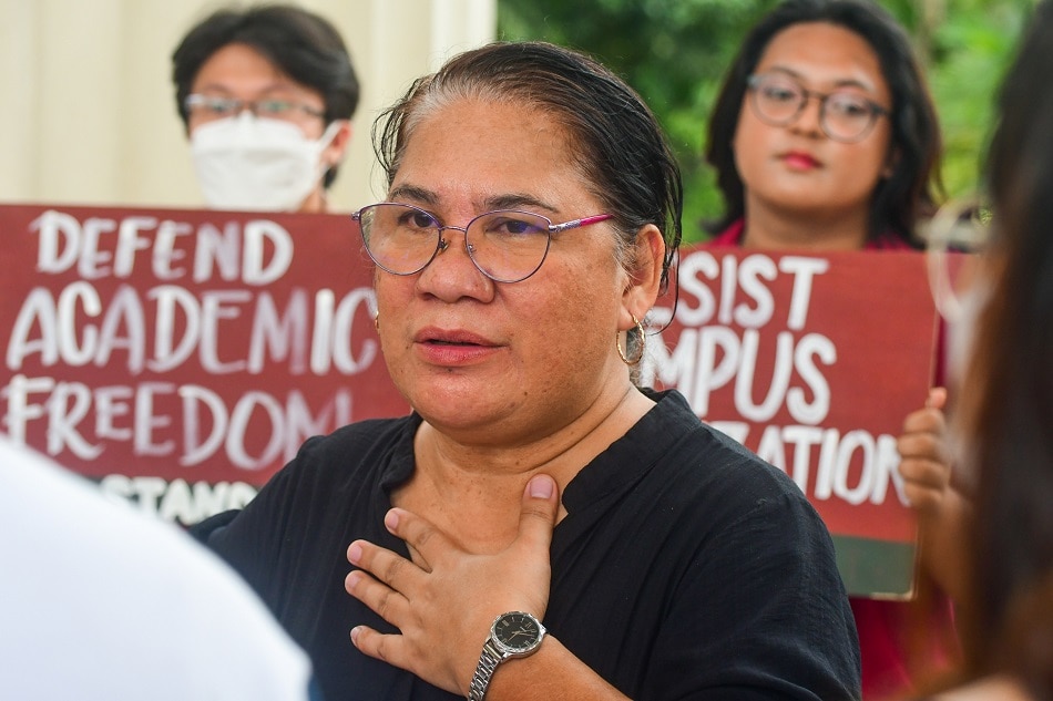 UP professor and former All UP Academic Employees Union president Dr. Melania Flores speaks during a press conference in Quezon City on February 7, 2023, a day after being arrested in her home within the UP Diliman campus. Flores narrated that she was arrested by the Quezon City Police Department under the guise of Department of Social Welfare and Development, for alleged violation on remittances to the Social Security System. Mark Demayo, ABS-CBN News