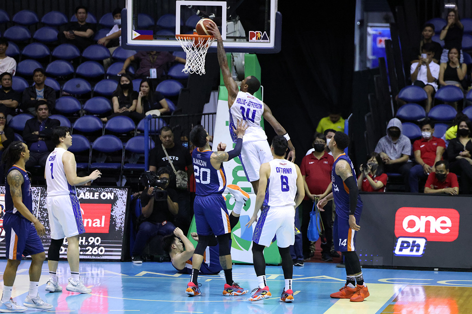  TNT import Rondae Hollis-Jefferson goes for a dunk against Meralco in Game 3 of their 2023 PBA Governors' Cup semifinals series. PBA Images.