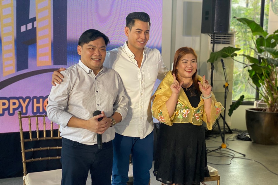 Happy Hotels CEO Jason Lao with app ambassador Fabio Ide and Cheche Perez, Head of Business and Sales. Tagaytay City, March 31, 2023. Jessica Fenol, ABS-CBN News