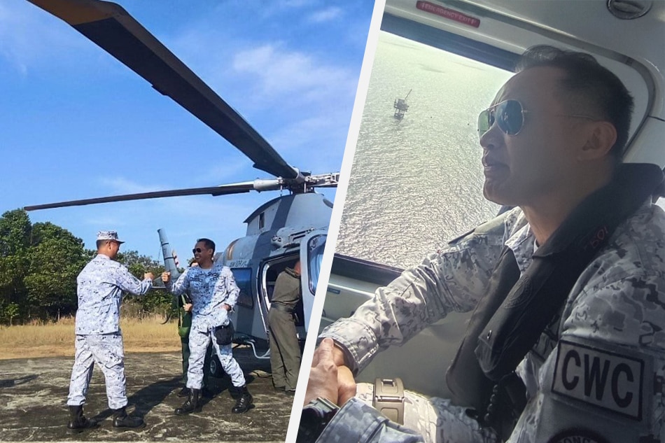 AFP Western Command chief VAdm. Alberto Carlos conducts an aerial inspection of the Malampaya on April 7, 2023. Photos courtesy of the Western Command Armed Forces of the Philippines/Facebook