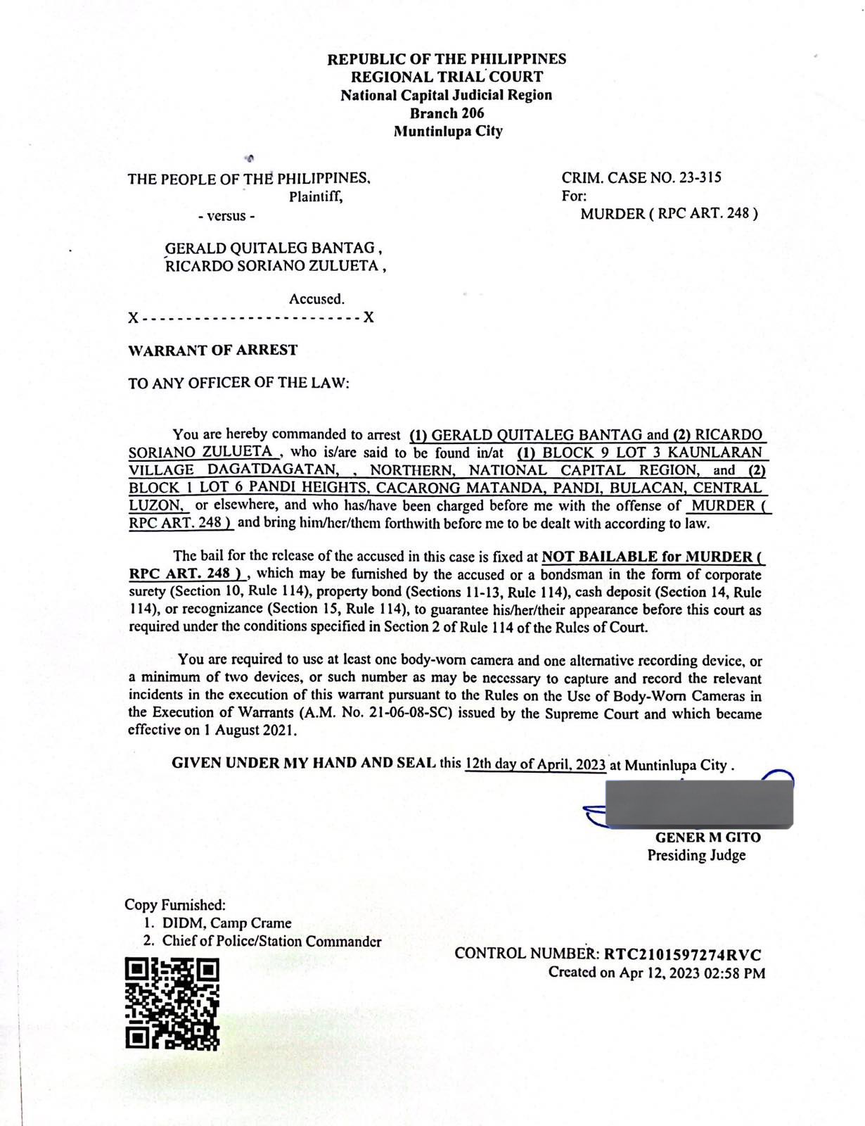 Arrest warrant out vs Bantag ABSCBN News