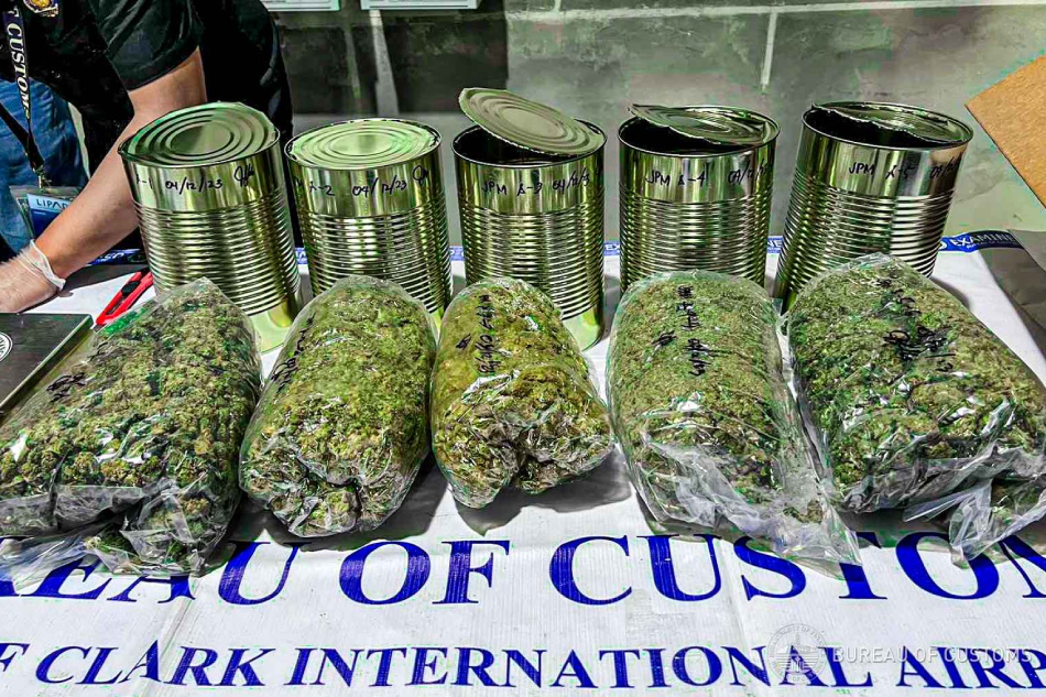 Authorities seized P3.9 million worth of kush hidden inside tin cans in the Port of Clark on April 12, 2023. Bureau of Customs/Handout.