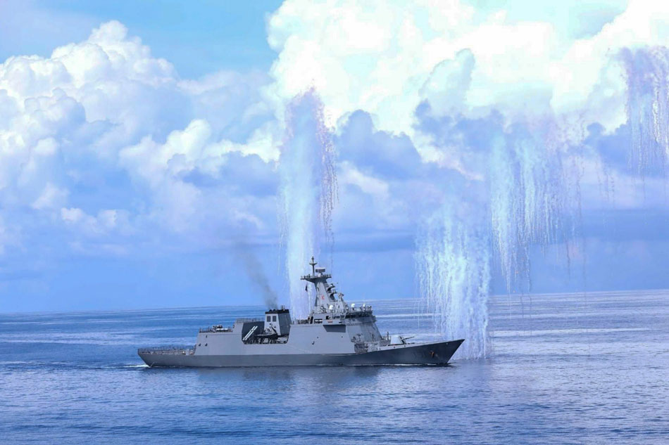 Chaff Decoys or flares are fired from the BRP Antonio Luna during the Philippine Navy capability demonstration off the coast of Zambales on May 19, 2023. Jonathan Cellona, ABS-CBN, PPA pool 