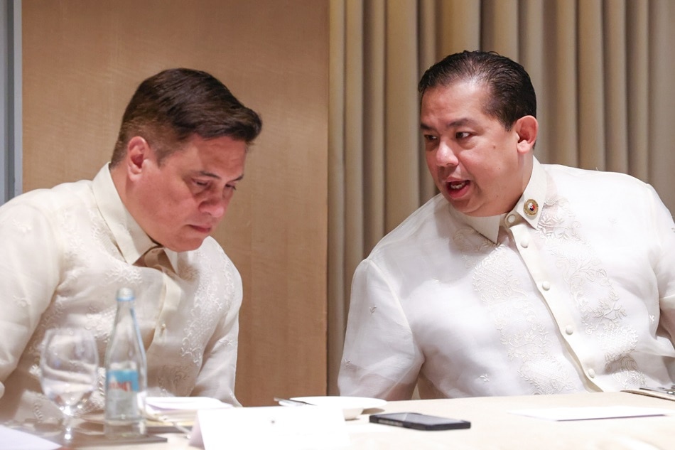 Speaker Ferdinand Martin Romualdez (right) discusses with Senate President Migz Zubiri during a luncheon meeting with ambassadors and diplomats of APPF-member countries at the Shangri-la Hotel in Global City, Taguig on March 21, 2023. House Media Affairs handout