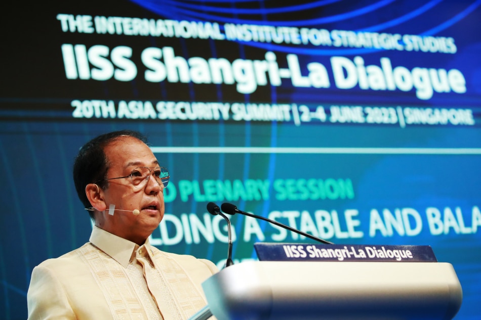 Philippines Senior Undersecretary and Officer-in-Charge of the Department of National Defense Carlito Galvez delivers his speech during a plenary session of the International Institute for Strategic Studies (IISS) Shangri-la Dialogue at the Shangri-la hotel in Singapore on June 3, 2023. Defense ministers and officials from 41 countries are gathered in the city state for the IISS Shangri-la Dialogue, an annual high-level defence summit in the Asia-Pacific region. How Hwee Young, EPA-EFE