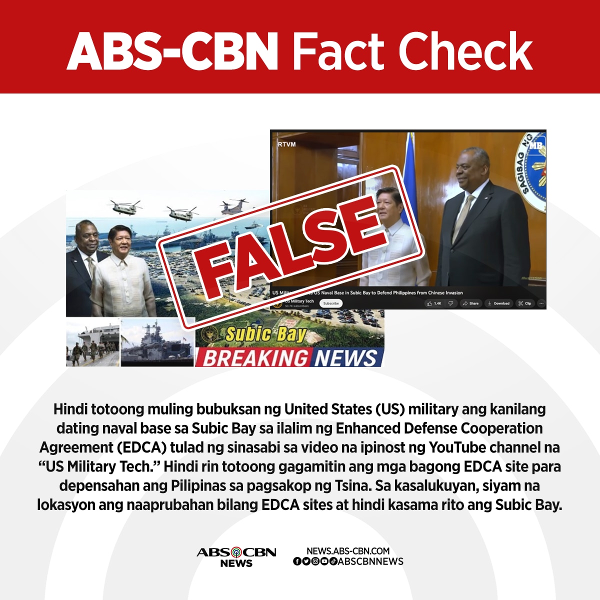 FACT CHECK: Hindi magtatayo ng naval base ang US sa Subic Bay sa ilalim ng EDCA