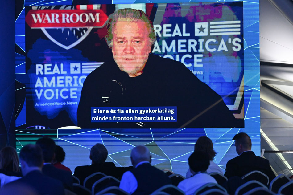 Steve Bannon, former chief strategist in the administration of US former President Donald Trump, appears on the screen as he delivers his video message during the second day session of the Conservative Political Action Conference Hungary in Budapest, Hungary, May 5, 2023. Noemi Bruzak, EPA-EFE.