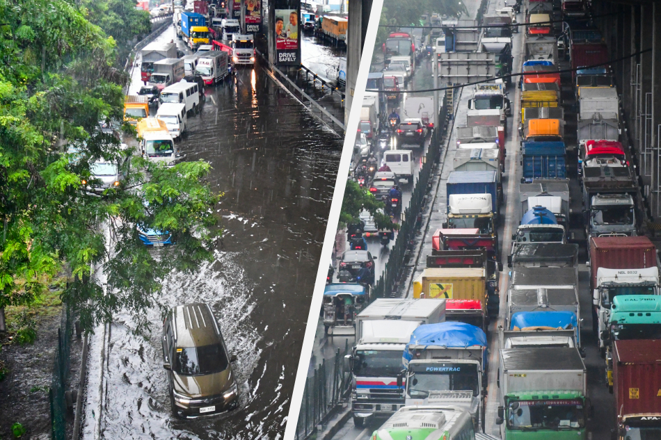 Traffic builds along the South Luzon Expressway as flooding near the Bicutan exit in Parañaque City hampers traffic flow on July 13, 2023. Photos by Mark Demayo, ABS-CBN News