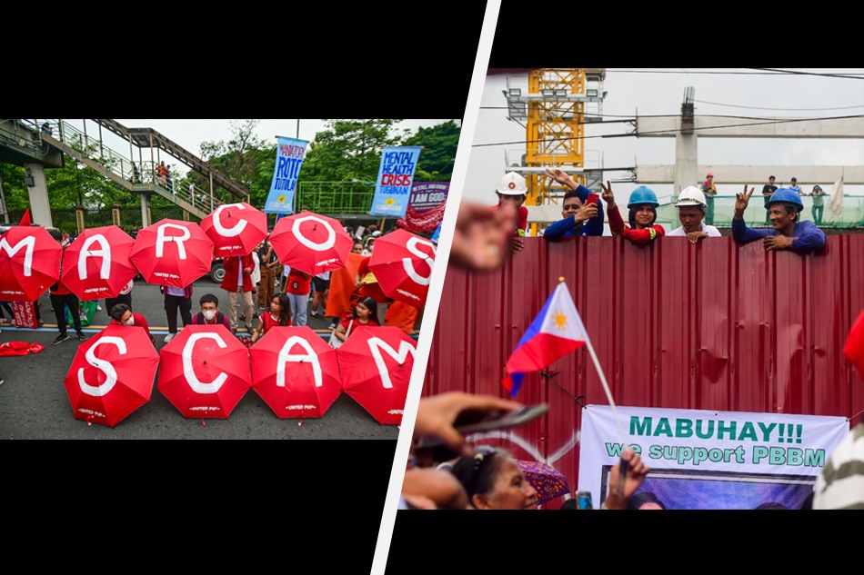 Anti- and pro-Marcos Jr. groups held separate demonstrations in Quezon City on July 24, 2023 ahead of President Ferdinand Marcos, Jr's second State of the Nation Address. Maria Tan and Mark Demayo, ABS-CBN News