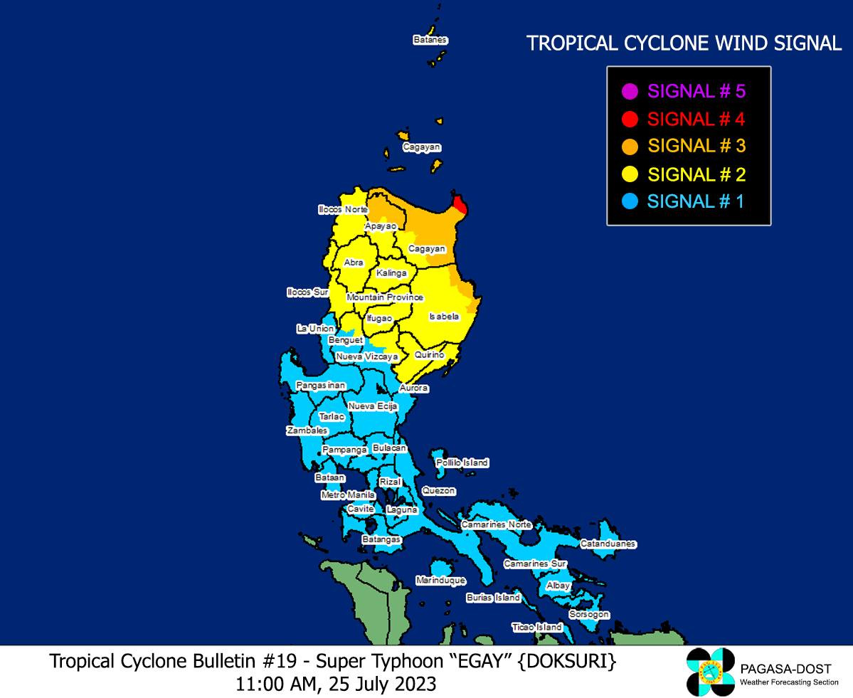 This map shows areas under storm signals due to Egay as of 11 a.m. PAGASA