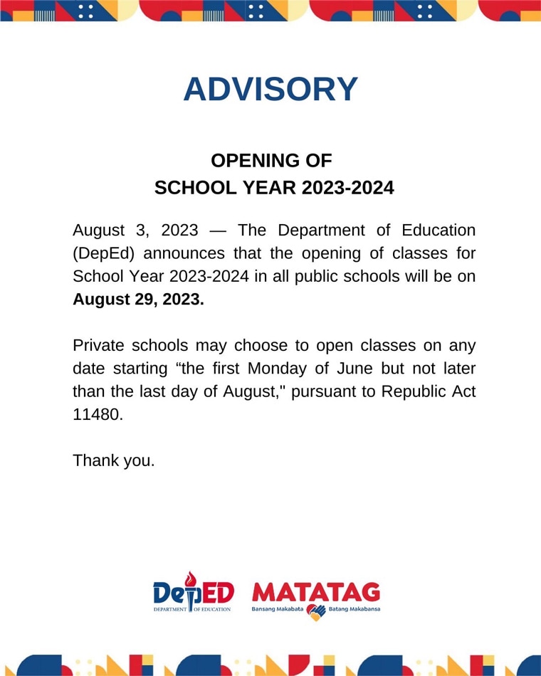 Classes for SY 20232024 to begin Aug. 29 DepEd ABSCBN News