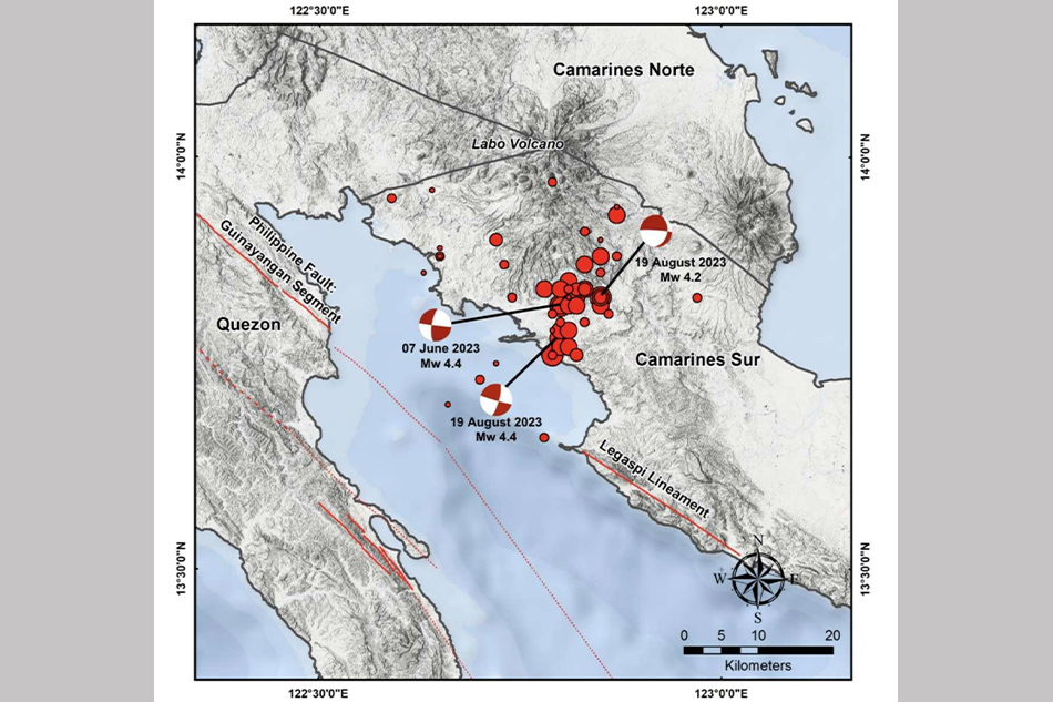 This image plots the June-August 2023 Ragay, Camarines Sur earthquake swarm, as of Tuesday, 3 p.m. Phivolcs 
