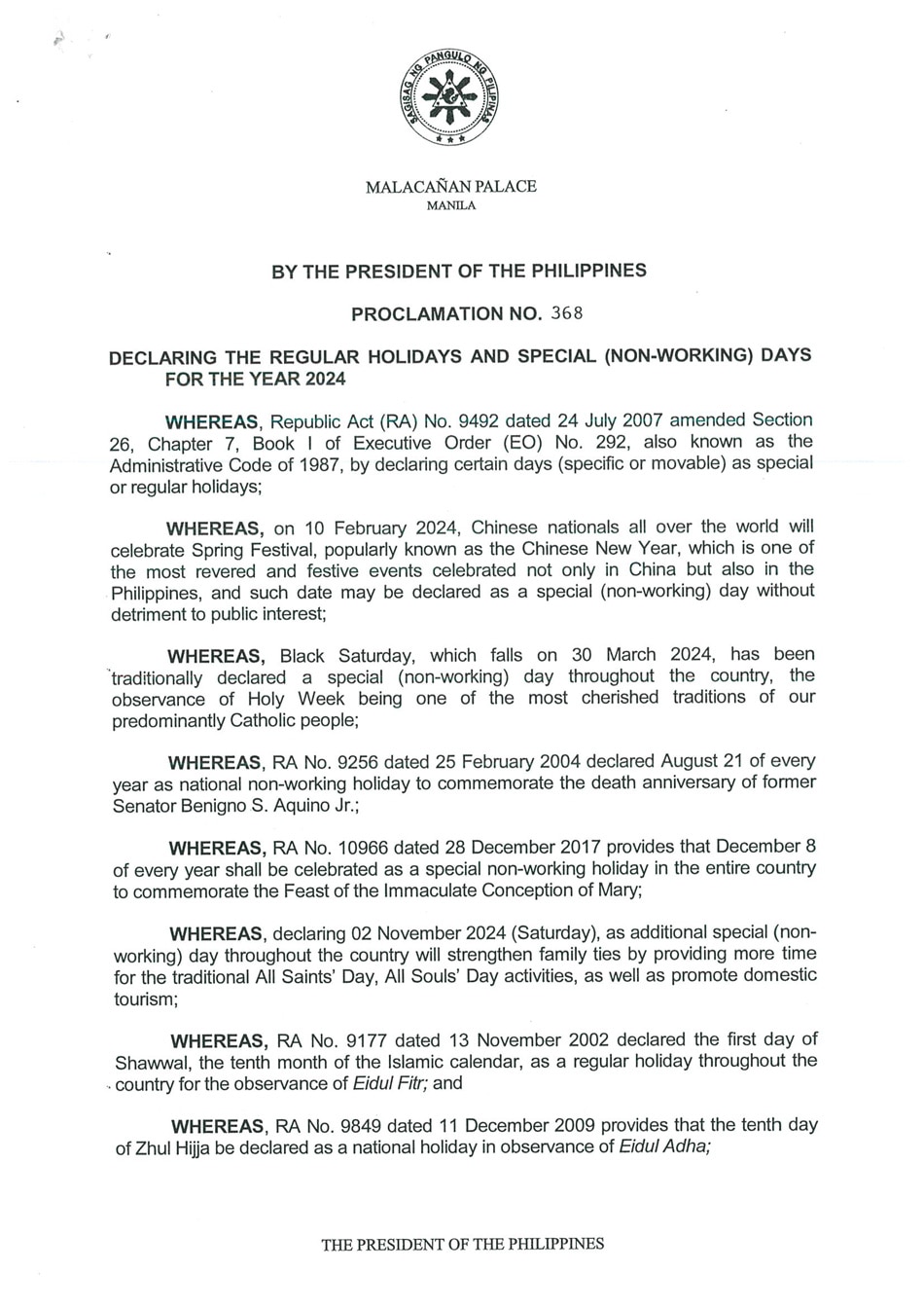 Palace lists holidays, special days in 2024 ABSCBN News