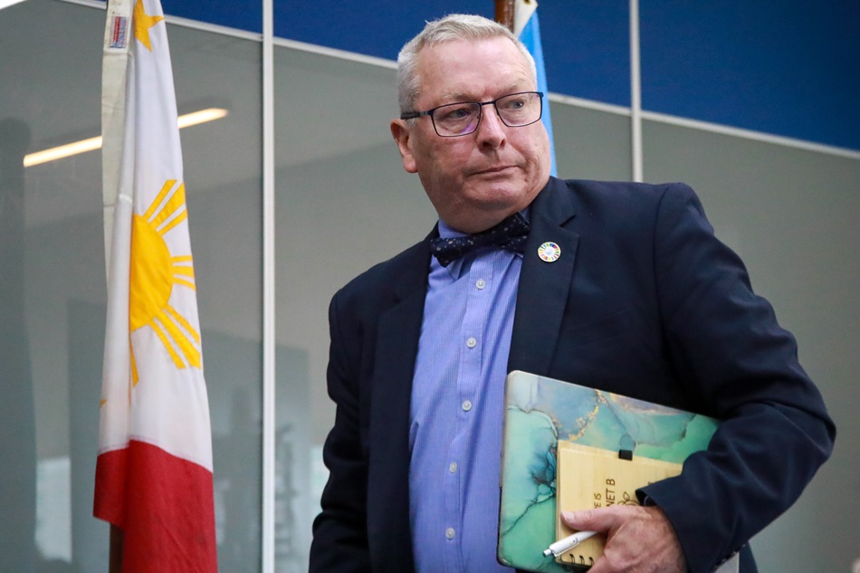 United Nations (UN) Special Rapporteur on the promotion and protection of human rights Ian Fry speaks with members of press during a briefing at the UN House in Mandaluyong City on November 15, 2023. Jonathan Cellona, ABS-CBN News