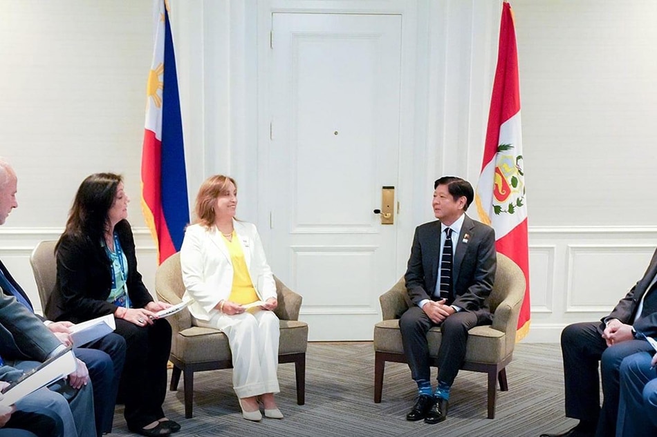 In this handout photo from the Presidential Communications Office, President Ferdinand Marcos Jr. meets with Peruvian President Dina Boluarte in San Francisco, California. With Marcos are House Speaker Ferdinand Martin Romualdez and Foreign Affairs Secretary Enrique Manalo.