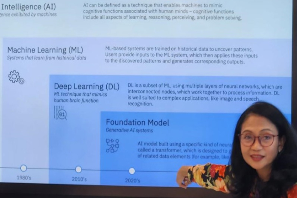 IBM Philippines President and Country General Manager Aileen Judan-Jiao explains the evolution of artificial intelligence during a meeting with journalists in BGC, Taguig on Dec. 12, 2023. Art Fuentes, ABS-CBN News