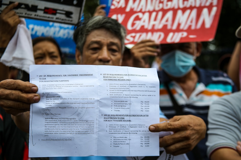 Members of several jeepney associations hold a protest as they begin another round of transport strike at the University of the Philippines in Diliman Quezon City on December 14, 2023. A number of transport groups expressed concern about the scheduled deadline for 'franchise consolidation' mandated by the PUV modernization program on December 31. Jonathan Cellona, ABS-CBN News