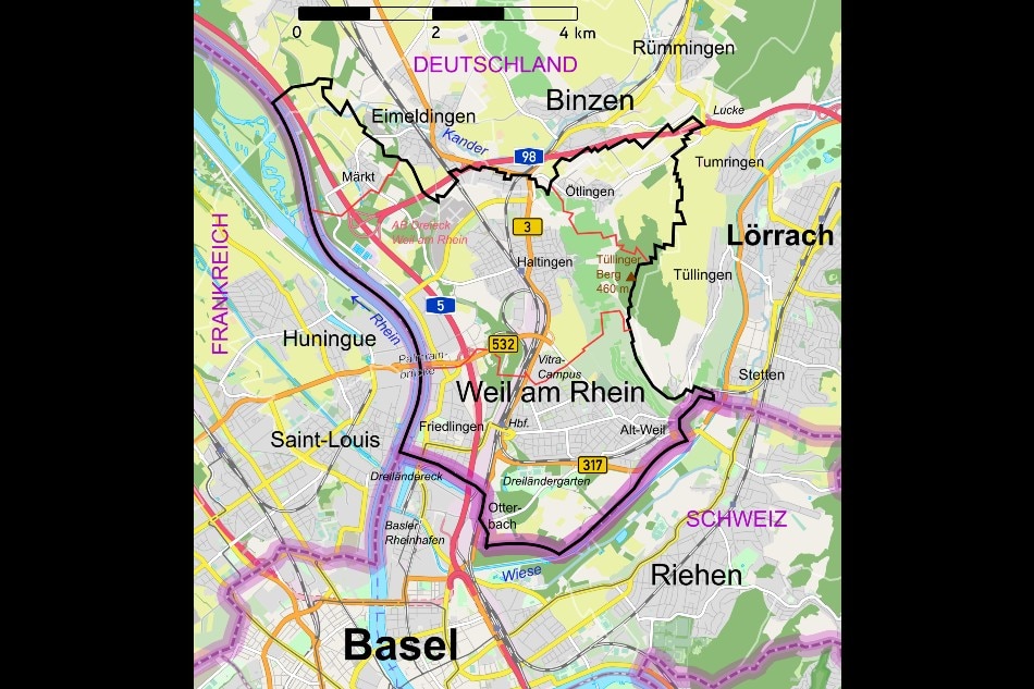 Karte Stadtgeiet Weil am Rhein mit den Stadtteil. Alabasterstein