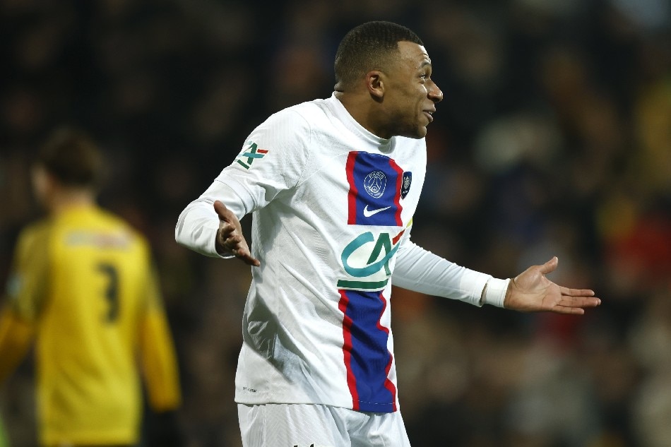 Kylian Mbappe celebrates after scoring the 5-0 lead goal during the Coupe de France round of 32 soccer match between Pays de Cassel and Paris Saint Germain at Bollaert stadium in Lens, France, 23 January 2023. Yoan Valat, EPA-EFE