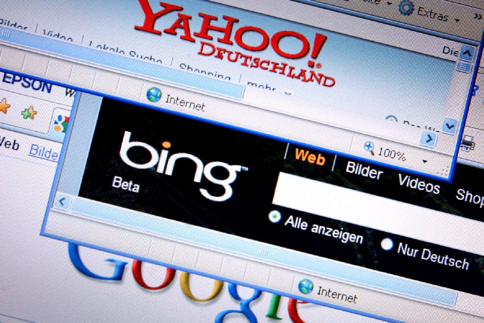The illustration shows the home pages of search engines Yahoo!, Bing and Google on 29 July 2009. Software producer Microsoft and internet company Yahoo! forge an alliance in the internet search to attack market leader Google. Yahoo! will use the Microsoft search engine Bing on its portals and partner websites, as the companies announced on 29 July 2009. EPA/KARL-JOSEF HILDENBRAND
