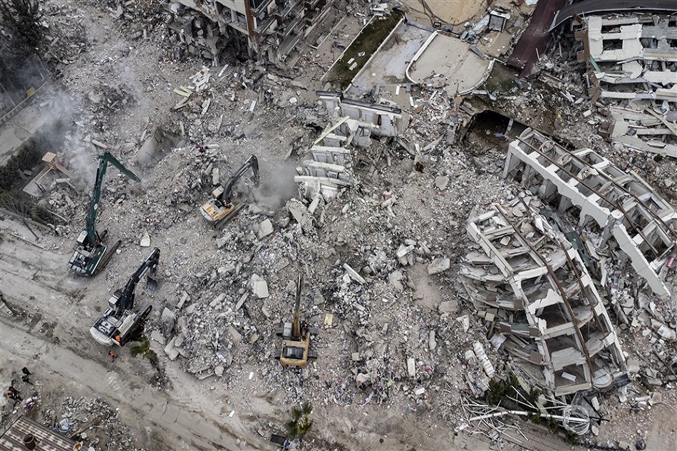 An aerial view taken with a drone shows a view of collapsed buildings after a powerful earthquake in Hatay, Turkey, 21 February 2023. More than 46,000 people have died and thousands more are injured after two major earthquakes struck southern Turkey and northern Syria on 06 February. Erdem Sahin, EPA-EFE