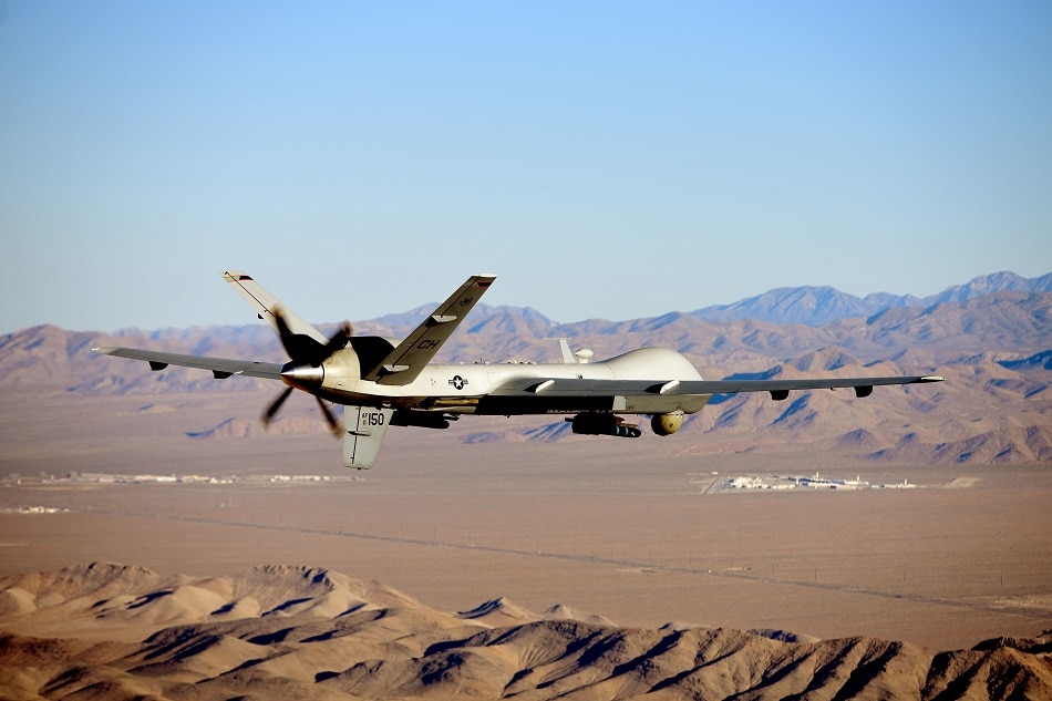 A handout photo made available by the U.S. Air Force of an MQ-9 Reaper flying a training mission over the Nevada Test and Training Range, USA 15 July 2019 (issued 14 March 2023). EPA-EFE/Airman 1st Class William Rio Rosado