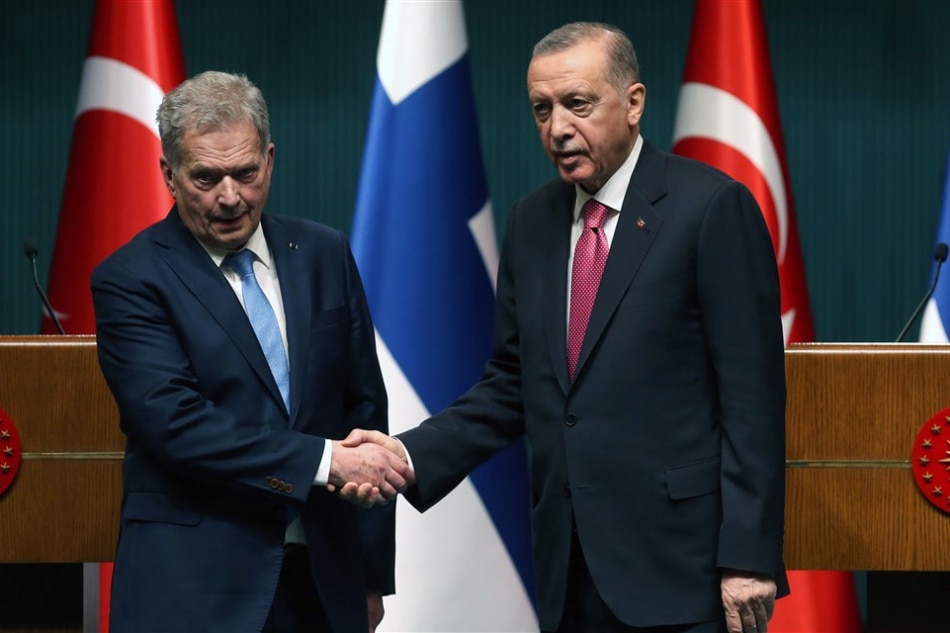 Finland's President Sauli Niinisto (L) and Turkish President Recep Tayyip Erdogan attend a press conference after their meeting at the presidential palace in Ankara, Turkey, on March 17, 2023. Necati Savas, EPA-EFE