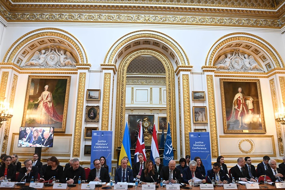Ukraine ’s Prosecutor General Andriy Kostin, Ukraine’s Minister of Justice Denys Maliuska, Britain’s Deputy Prime Minister Dominic Raab, Netherland’s Minister of Justice Dilan Yesilgöz-Zegerius, Prosecutor of the ICC Karim Khan and European Commissioner Dider Reynders during the Justice Ministers’ Conference at Lancaster House in London, Britain, 20 March 2023. The event is hosted by the Ministry of Justice of the UK and the Ministry for Justice and Security of the Netherlands in support of the International Criminal Court (ICC) and the investigation into the situation in Ukraine. EPA-EFE/NEIL HALL
