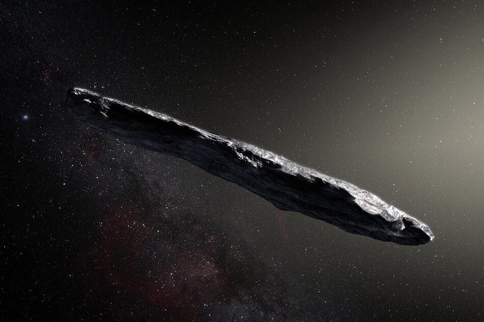 Artist's concept of interstellar object1I/2017 U1 ('Oumuamua) as it passed through the solar system after its discovery in October 2017. The aspect ratio of up to 10:1 is unlike that of any object seen in our own solar system. Image by European Southern Observatory/M. Kornmesser via NASA