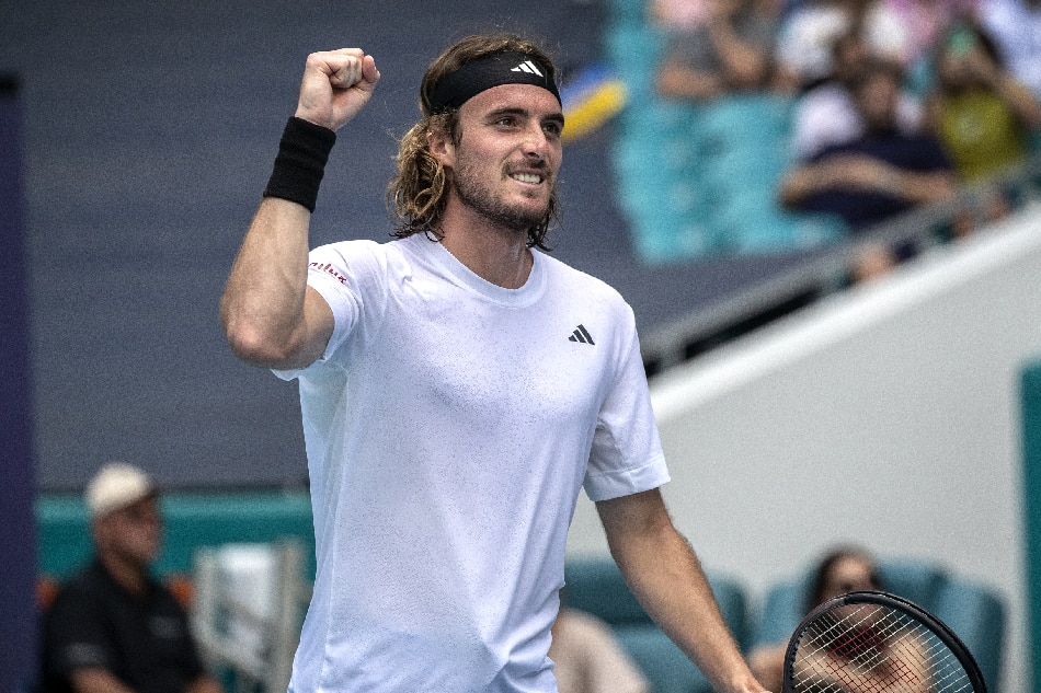 Stefanos Tsitsipas of Greece celebrate his victory against Cristian Garin of Chile during the Men's Singles 3rd Round of the 2023 Miami Open tennis tournament at the Hard Rock Stadium in Miami, Florida, USA, March 27, 2023. Cristobal Herrera-Ulashkevich, EPA-EFE.