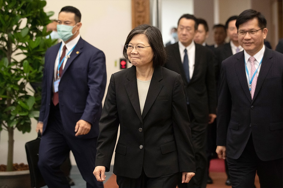 Taiwanese President Tsai Ing-wen (C) reacts during her departure for Central America, inside Taoyuan International Airport, in Taoyuan, Taiwan, 29 March 2023. EPA-EFE/RITCHIE B. TONGO