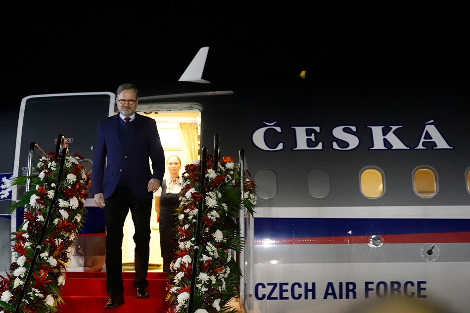 Czech Republic Prime Minister Petr Fiala arrives at Villamor Air Base in Pasay City on April 16, 2023, for a two-day visit to the Philippines. Prime Minister Petr Fiala will meet President Ferdinand Marcos Jr., tomorrow in Malacañang Palace. Alfred Frias, PNA.