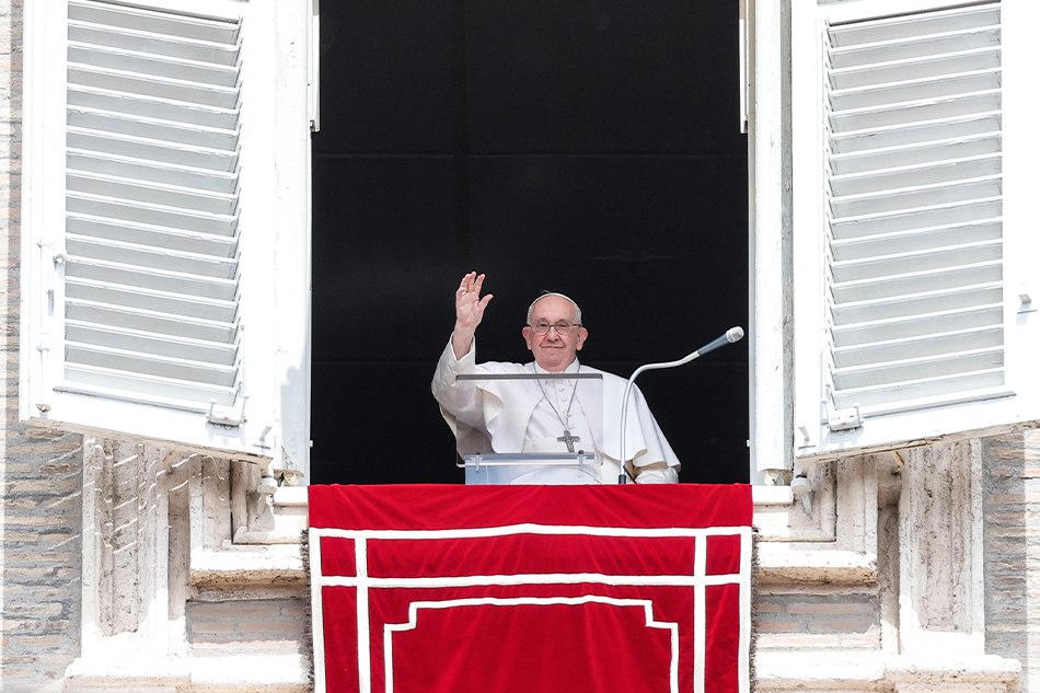 Pope Francis waves from his office window overlooking Saint Peter's Square during the Regina Caeli prayer, Vatican City, April 23, 2023. Giuseppe Lami, EPA-EFE.