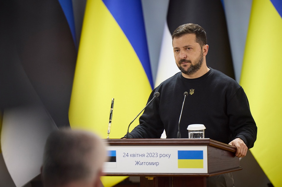 A handout photo made available by Ukraine’s Presidential Press Service shows Ukrainian President Volodymyr Zelensky addressing a joint press conference with the Prime Minister of Estonia Kaja Kallas (not pictured) following their meeting in Zhytomyr, Ukraine, April 24, 2023. Presidential Press Service via EPA-EFE/Handout.
