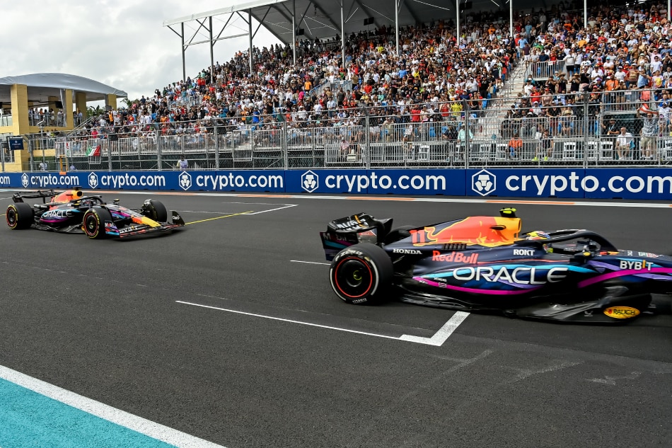 Mexican Formula One driver Sergio Perez (R) of Red Bull Racing and Dutch Formula One driver Max Verstappen (L) of Red Bull Racing in action during the Formula 1 Miami Grand Prix at the Miami International Autodrome circuit in Miami Gardens, Florida, USA, May 7, 2023. Chandan Khanna, EPA-EFE