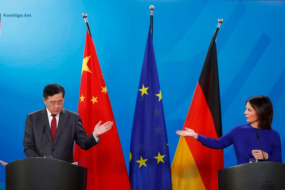 German Foreign Minister Annalena Baerbock (R) and Chinese Foreign Minister Qin Gang (L) address the media during a press conference in Berlin, Germany, 09 May 2023. High on the meeting's agenda is reportedly Russia's war in Ukraine, in which China is seeking to play a negotiating role. Foreign Minister Qin Gang will also visit France and Norway. EPA-EFE/Michele Tantussi/POOL