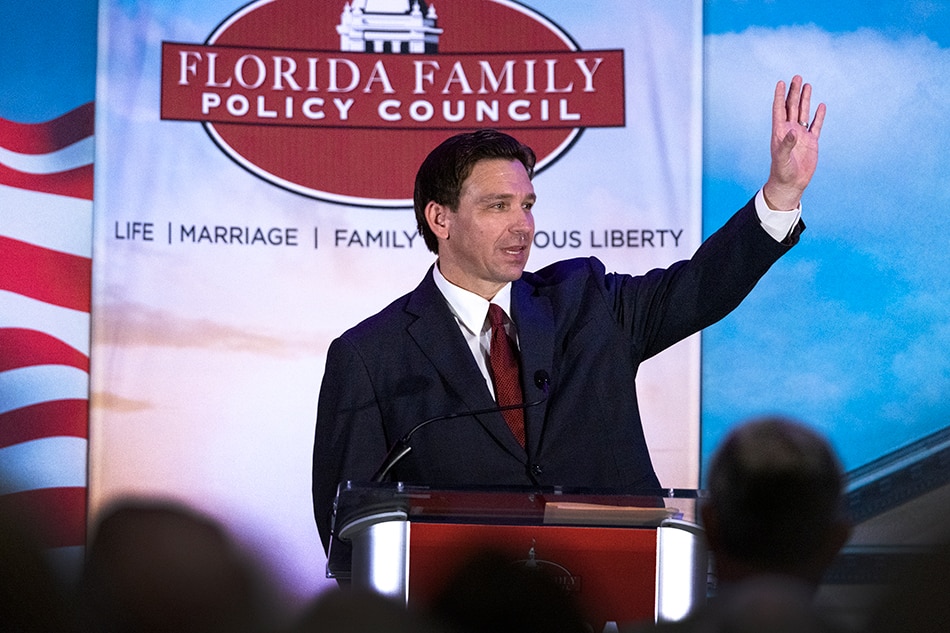 Florida Governor Ron DeSantis speaks during the Florida Family Policy Council 18th Annual Dinner Gala at the Rosen Plaza Hotel in Orlando, Florida, USA, May 20, 2023. According to several media sources, DeSantis is expected to file Federal Election Commission paperwork declaring his candidacy next week in Miami, Florida. Florida Family Policy Council (FFPC) is one of 38 state-based policy councils around the country associated with the Family Policy Alliance. Cristobal Herrera Ulashkevich, EPA-EFE 
