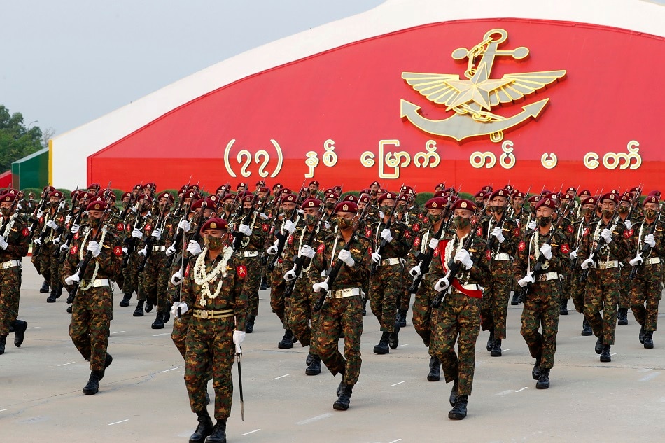 Myanmar soldiers march during a parade commemorating the 77th Armed Forces Day in Naypyidaw Myanmar, 27 March 2022. EPA-EFE/NYEIN CHAN NAING