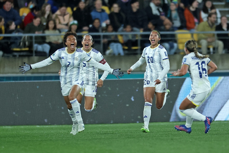 The Filipinas celebrate after Sarina Bolden scored against New Zealand in the FIFA Women's World Cup. PFF-PWNFT.