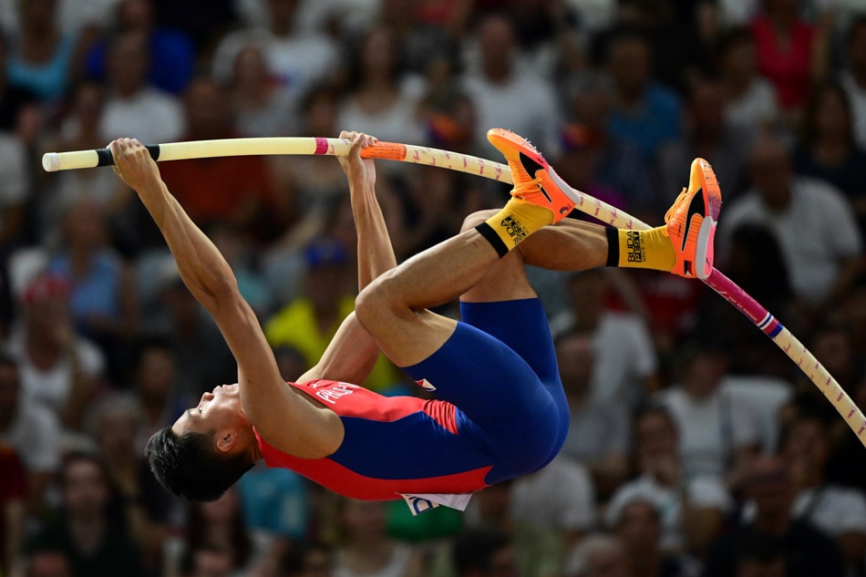 Philippines' Ernest John Obiena competes in the men's pole vault final during the World Athletics Championships at the National Athletics Centre in Budapest on Saturday. Ben Stansall, AFP