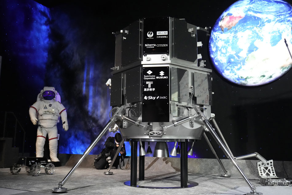 A model of the lander of Japanese lunar landing mission Hakuto-R Mission1 (Hakuto-R M1) is displayed at the National Museum of Emerging Science and Innovation in Tokyo, Japan, early April 26, 2023. Franck Robichon, EPA-EFE/File 
