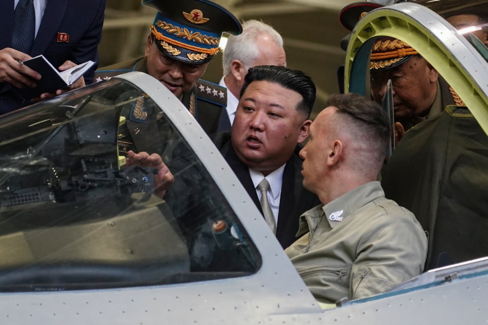 A handout photo made available by the Government of Khabarovsk region press-service shows North Korean leader Kim Jong Un (C) visits a Russian aircraft plant that builds fighter jets in Komsomolsk-on-Amur, about 6,300 kilometers east of Moscow, Russia, September 15, 2023. Government of Khabarovsk region, Handout via EPA-EFE.