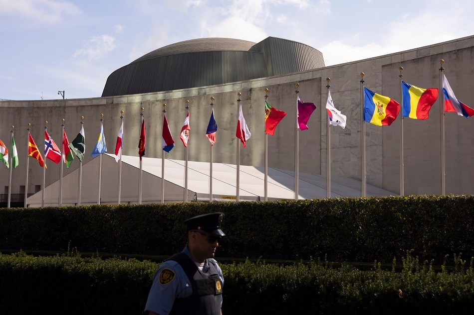 A police officer walks past the United Nations General Assembly Hall at United Nations headquarters in New York, New York, USA, September 12, 2023. World leaders will be assembling next week for the annual General Debate of the United Nations General Assembly. , EPA-EFE/Justin Lane