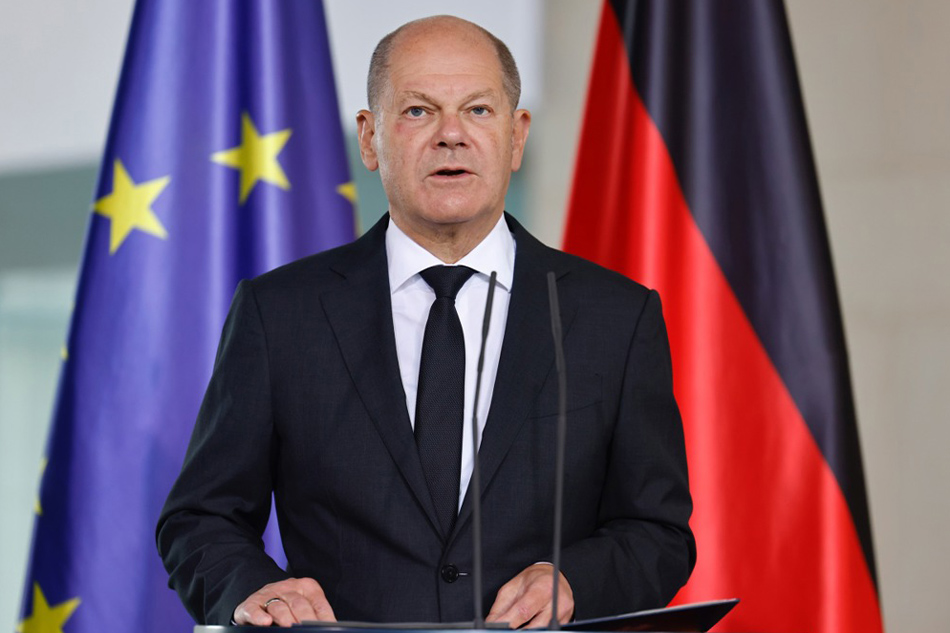 German Chancellor Olaf Scholz delivers a statement to the situation in Israel at the Chancellery in Berlin, Germany, on October 8, 2023. Hannibal Hanschke, EPA-EFE