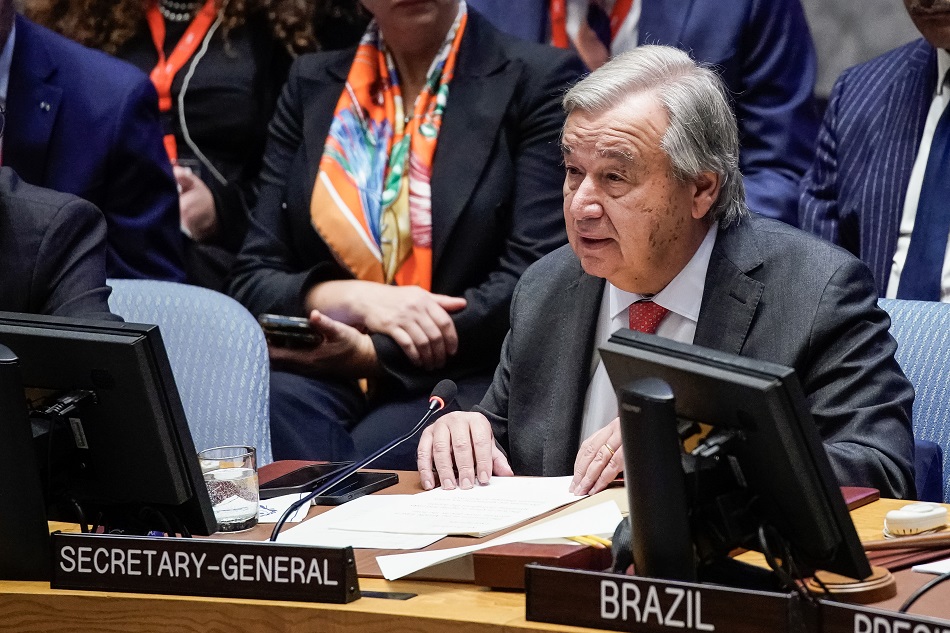 UN Secretary-General Antonio Guterres speaks to delegates during a United Nations Security Council meeting called to address the ongoing Israel-Palestinian conflict, in New York, New York, USA, October 24, 2023. Eduardo Munoz, EPA-EFE.