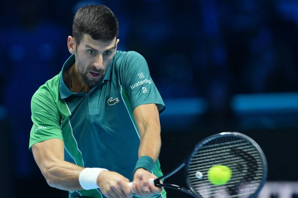 Novak Djokovic of Serbia in action during his singles semi-finals match against Carlos Alcaraz of Spain at the Nitto ATP Finals tennis tournament in Turin, Italy, November 18, 2023. Alessandro Di Marco, EPA-EFE