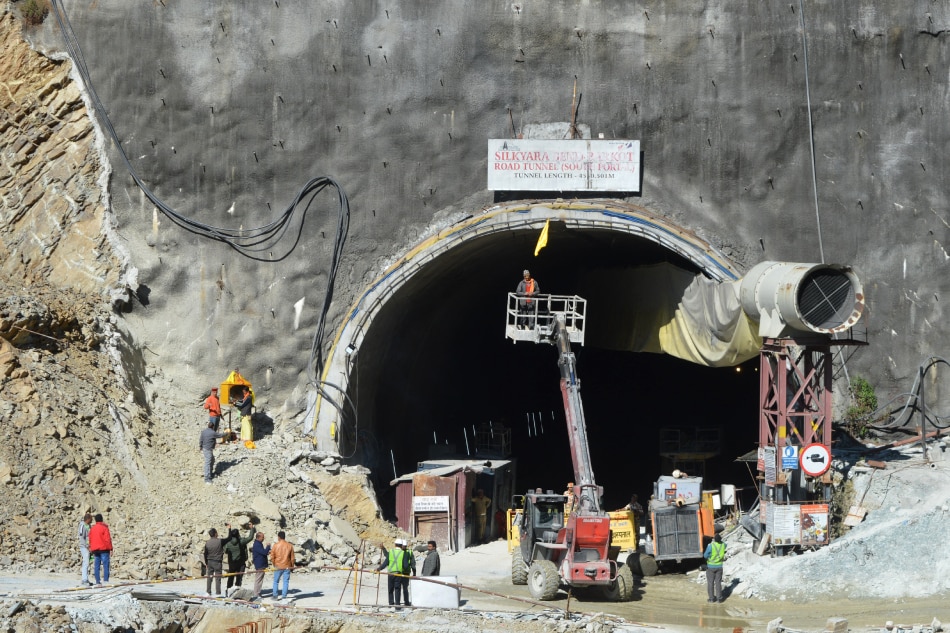 A general view of the tunnel mouth as rescue workers continue to operate at the site of an under-construction tunnel following a collapse, on the Brahmakhal Yamunotri National Highway in Uttarkashi, India, November 18, 2023. Abhyudaya Kotnala, EPA-EFE.