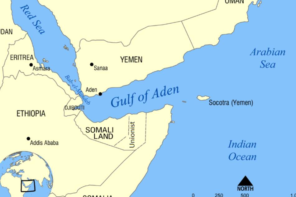 Map showing the location of the Gulf of Aden, located between Yemen and Somalia. Nearby bodies of water include the Indian Ocean, Red Sea, Arabian Sea, and the Bab-el-Mandeb Strait. Image by Norman Einstein