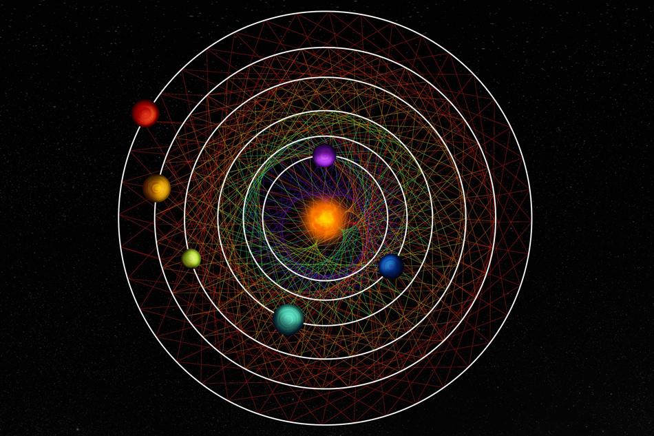 Tracing a link between two neighbour planet at regular time interval along their orbits, create a pattern unique to each couple. The six planets of the HD110067 system create together a mesmerising geometric pattern due to their resonance-chain. © CC BY-NC-SA 4.0, Thibaut Roger/NCCR PlanetS